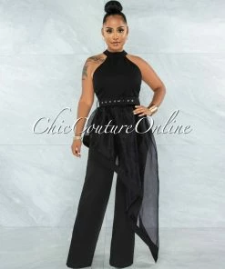 Vendor-unknown Imad Black Hi-Lo Sheer Belted Top & Wide Pants Set