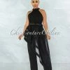 Vendor-unknown Imad Black Hi-Lo Sheer Belted Top & Wide Pants Set