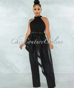 Vendor-unknown Imad Black Hi-Lo Sheer Belted Top & Wide Pants Set