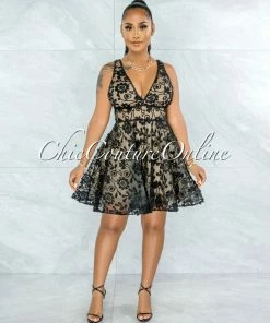 Vendor-unknown JUST IN Rosenda Black Embroidery Nude Illusion Skater Dress