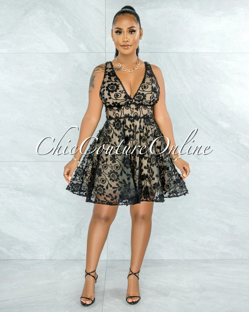 Vendor-unknown JUST IN Rosenda Black Embroidery Nude Illusion Skater Dress