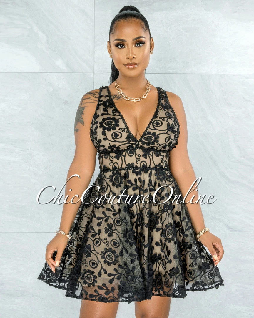 Vendor-unknown JUST IN Rosenda Black Embroidery Nude Illusion Skater Dress
