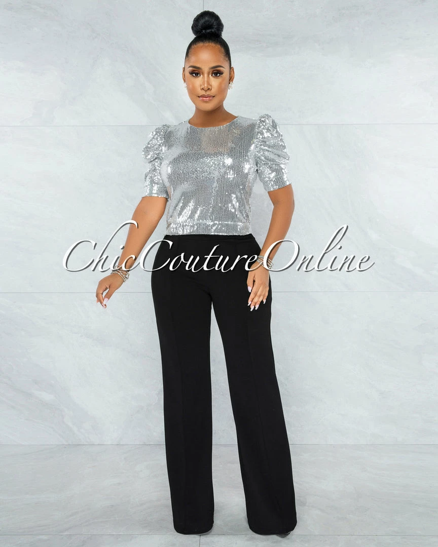 Vendor-unknown Shamya Silver Sequins Bubble Sleeves Crop Top