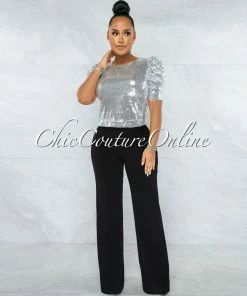 Vendor-unknown Shamya Silver Sequins Bubble Sleeves Crop Top