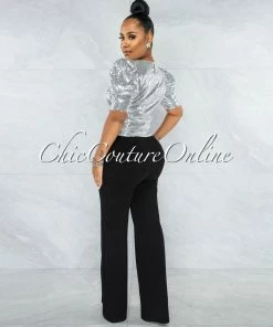 Vendor-unknown Shamya Silver Sequins Bubble Sleeves Crop Top