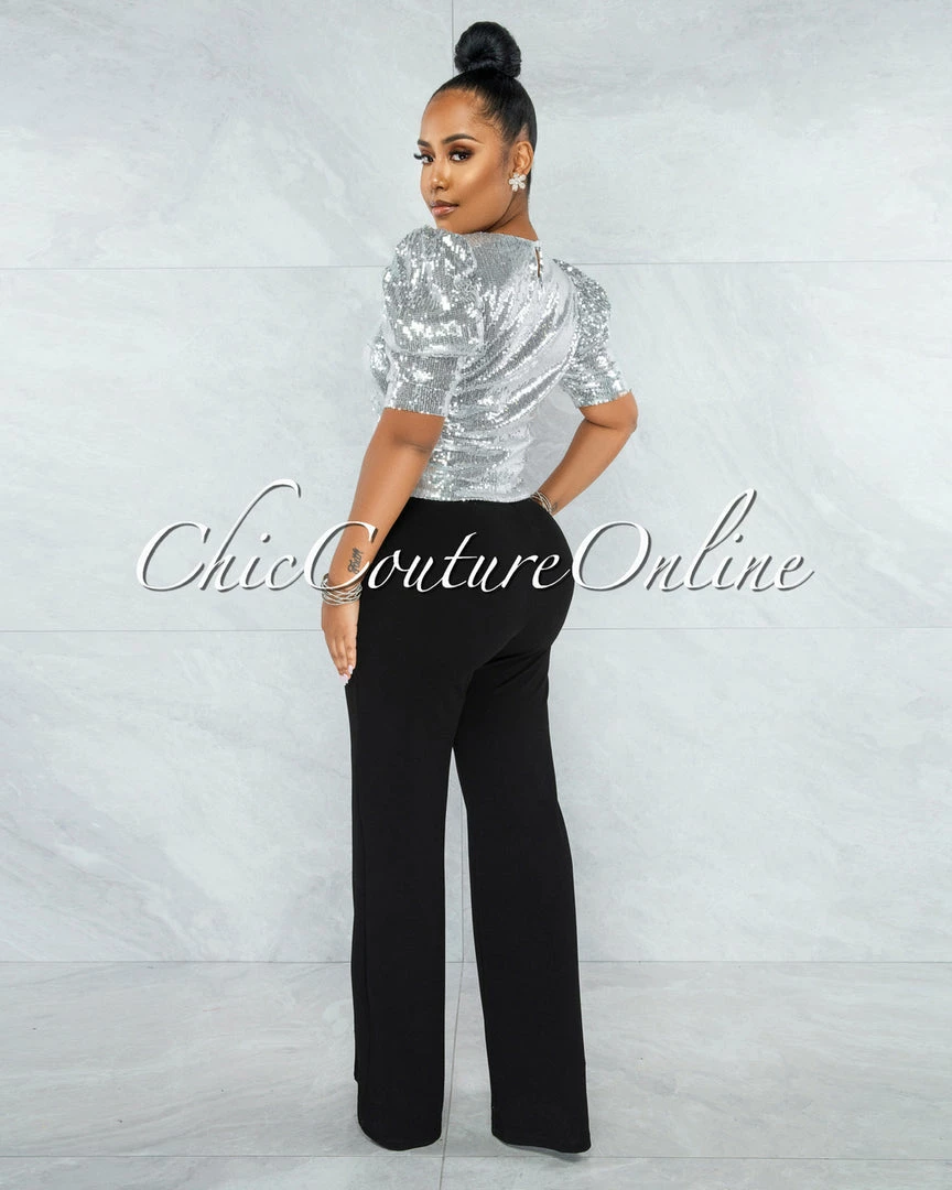 Vendor-unknown Shamya Silver Sequins Bubble Sleeves Crop Top