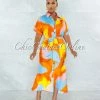 Vendor-unknown Santos Orange Yellow Print Drape Self-Tie Belt Shirt Midi Dress JUST IN