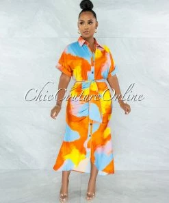 Vendor-unknown Santos Orange Yellow Print Drape Self-Tie Belt Shirt Midi Dress JUST IN