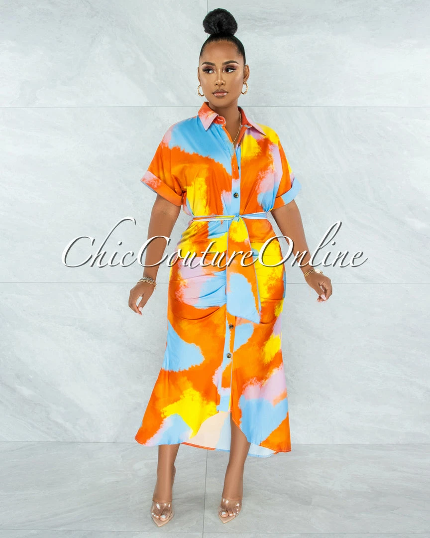 Vendor-unknown Santos Orange Yellow Print Drape Self-Tie Belt Shirt Midi Dress JUST IN