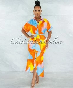 Vendor-unknown Santos Orange Yellow Print Drape Self-Tie Belt Shirt Midi Dress JUST IN