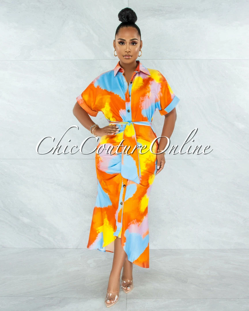 Vendor-unknown Santos Orange Yellow Print Drape Self-Tie Belt Shirt Midi Dress JUST IN