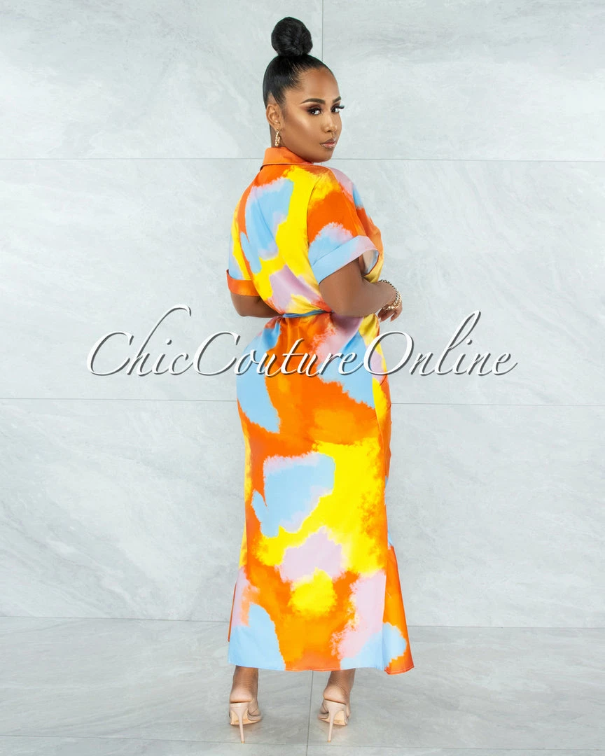 Vendor-unknown Santos Orange Yellow Print Drape Self-Tie Belt Shirt Midi Dress JUST IN