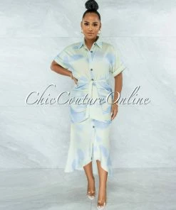 Vendor-unknown Santos Sage Green Blue Drape Self-Tie Belt Shirt Midi Dress JUST IN