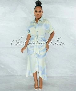 Vendor-unknown Santos Sage Green Blue Drape Self-Tie Belt Shirt Midi Dress JUST IN