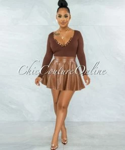 Vendor-unknown Ingrid Brown Faux Leather Ultra Mini Skirt JUST IN