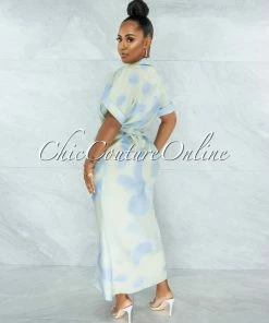 Vendor-unknown Santos Sage Green Blue Drape Self-Tie Belt Shirt Midi Dress JUST IN