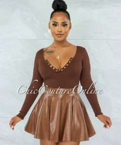 Vendor-unknown Ingrid Brown Faux Leather Ultra Mini Skirt JUST IN