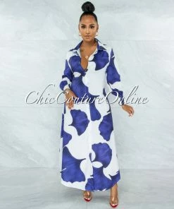 Chic Couture Online Zoey White Blue Print Long Shirt Dress