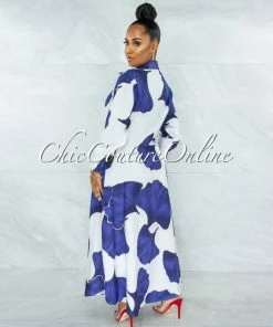 Chic Couture Online Zoey White Blue Print Long Shirt Dress