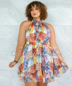 Chic Couture Online JUST IN Cliona Multi-Color Floral Print Gold Buttons Belted Dress