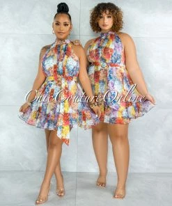 Chic Couture Online JUST IN Cliona Multi-Color Floral Print Gold Buttons Belted Dress