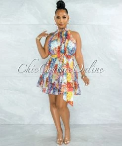Chic Couture Online JUST IN Cliona Multi-Color Floral Print Gold Buttons Belted Dress