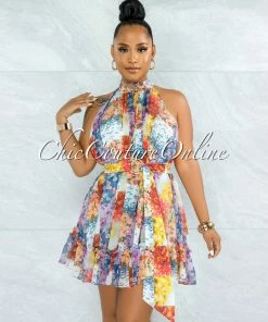 Chic Couture Online JUST IN Cliona Multi-Color Floral Print Gold Buttons Belted Dress