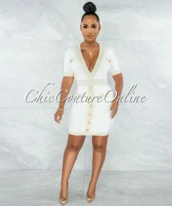 Vendor-unknown Molly Ivory Gold Trim Gold Buttons Knit Dress