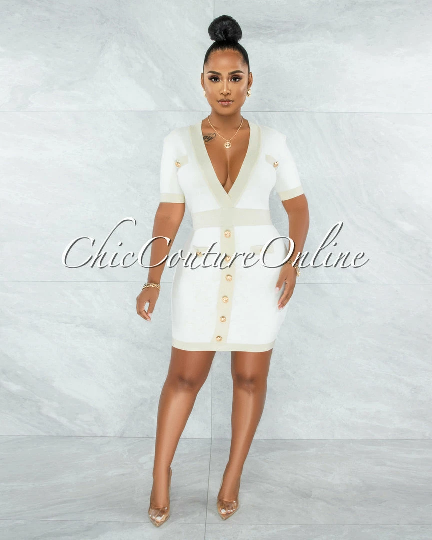 Vendor-unknown Molly Ivory Gold Trim Gold Buttons Knit Dress