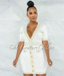 Vendor-unknown Molly Ivory Gold Trim Gold Buttons Knit Dress