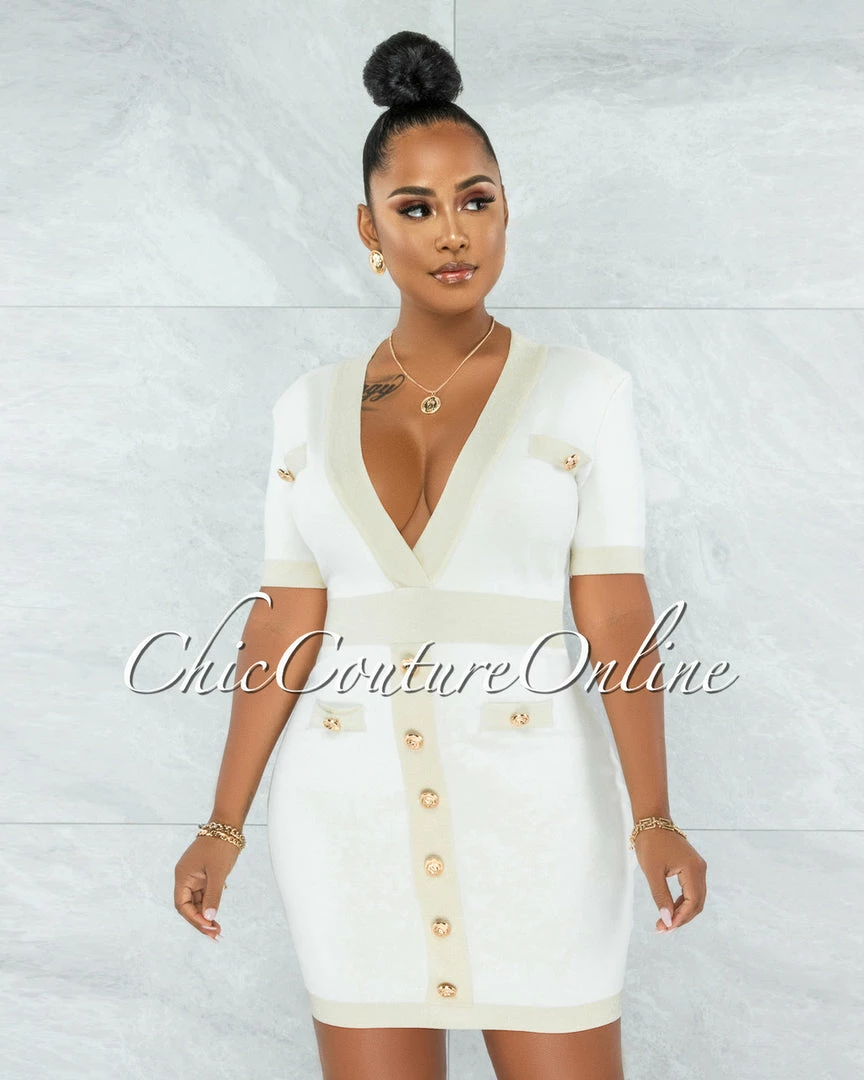 Vendor-unknown Molly Ivory Gold Trim Gold Buttons Knit Dress