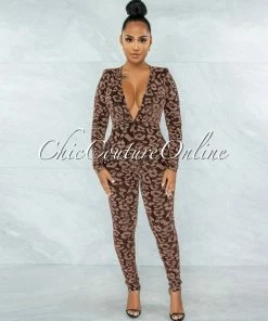 Vendor-unknown Fraser Black Bronze Shimmer Leopard Print Jumpsuit JUST IN