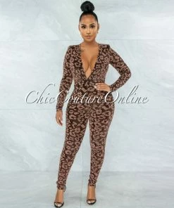 Vendor-unknown Fraser Black Bronze Shimmer Leopard Print Jumpsuit JUST IN