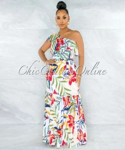 Vendor-unknown Granite Ivory Floral Print Single Shoulder Maxi Dress JUST IN