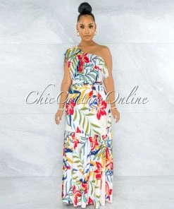 Vendor-unknown Granite Ivory Floral Print Single Shoulder Maxi Dress JUST IN