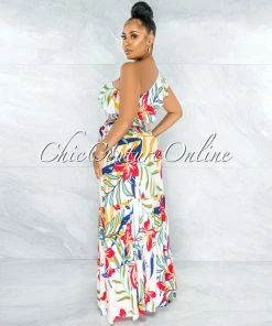 Vendor-unknown Granite Ivory Floral Print Single Shoulder Maxi Dress JUST IN