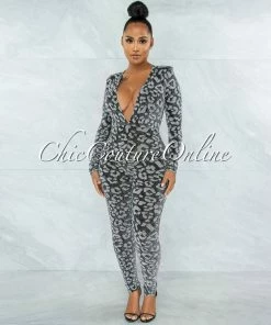 Vendor-unknown JUST IN Fraser Black Silver Shimmer Leopard Print Jumpsuit