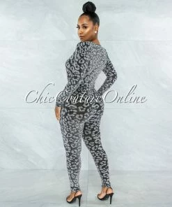 Vendor-unknown JUST IN Fraser Black Silver Shimmer Leopard Print Jumpsuit