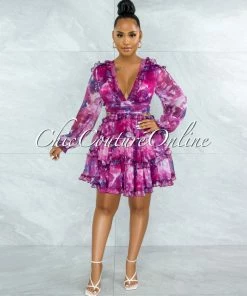 Chic Couture Online JUST IN Fanta Fuchsia Purple Print Waist Cut-Out Ruffle Dress