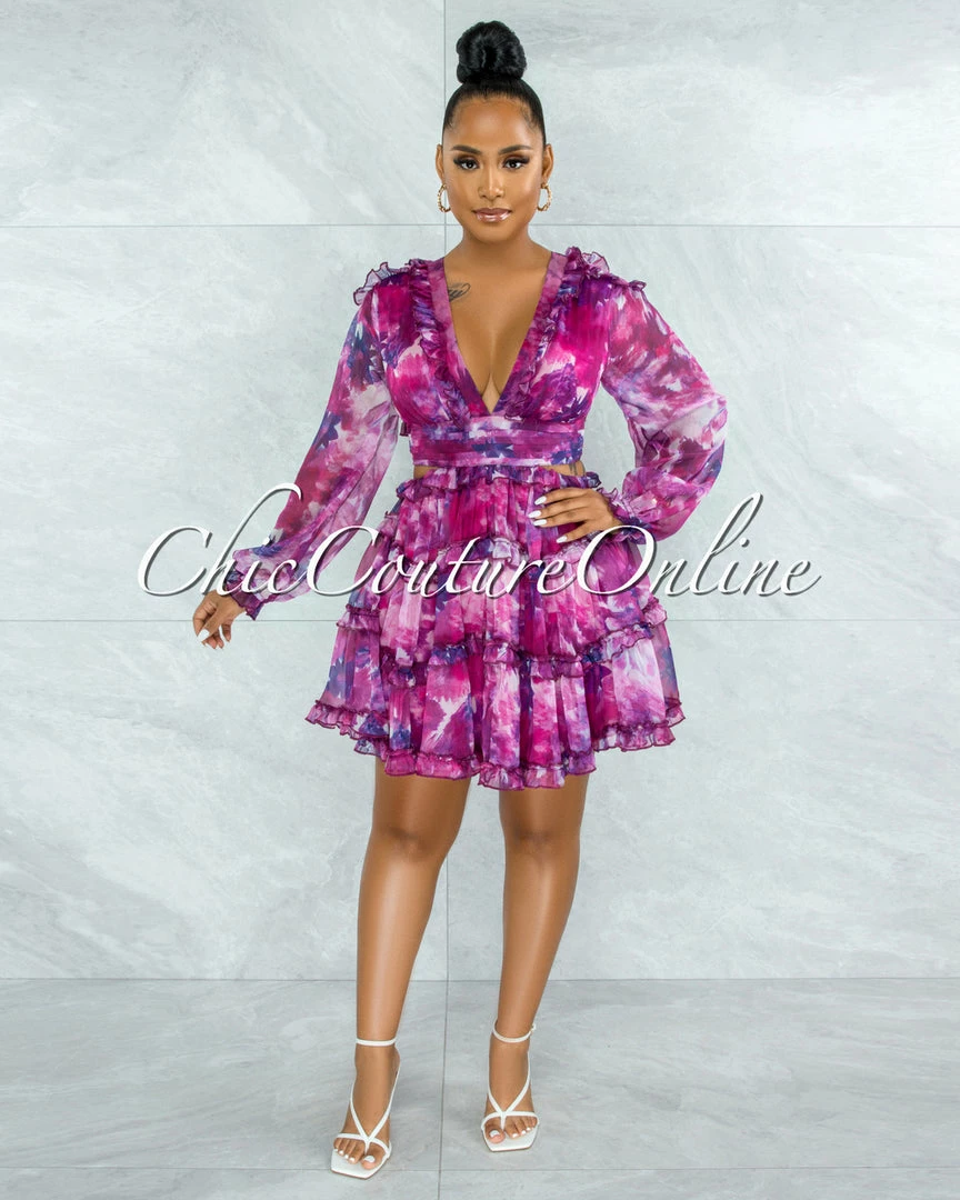 Chic Couture Online JUST IN Fanta Fuchsia Purple Print Waist Cut-Out Ruffle Dress