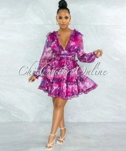 Chic Couture Online JUST IN Fanta Fuchsia Purple Print Waist Cut-Out Ruffle Dress