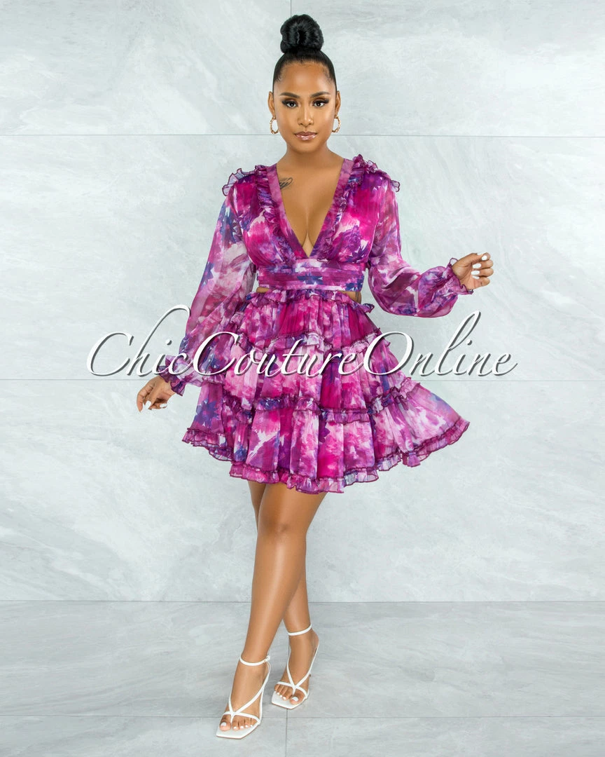 Chic Couture Online JUST IN Fanta Fuchsia Purple Print Waist Cut-Out Ruffle Dress