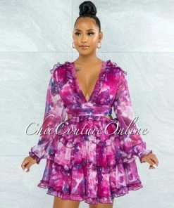 Chic Couture Online JUST IN Fanta Fuchsia Purple Print Waist Cut-Out Ruffle Dress