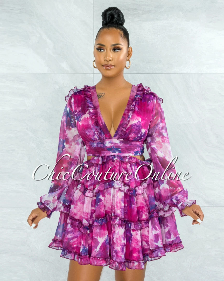 Chic Couture Online JUST IN Fanta Fuchsia Purple Print Waist Cut-Out Ruffle Dress