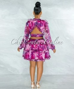 Chic Couture Online JUST IN Fanta Fuchsia Purple Print Waist Cut-Out Ruffle Dress