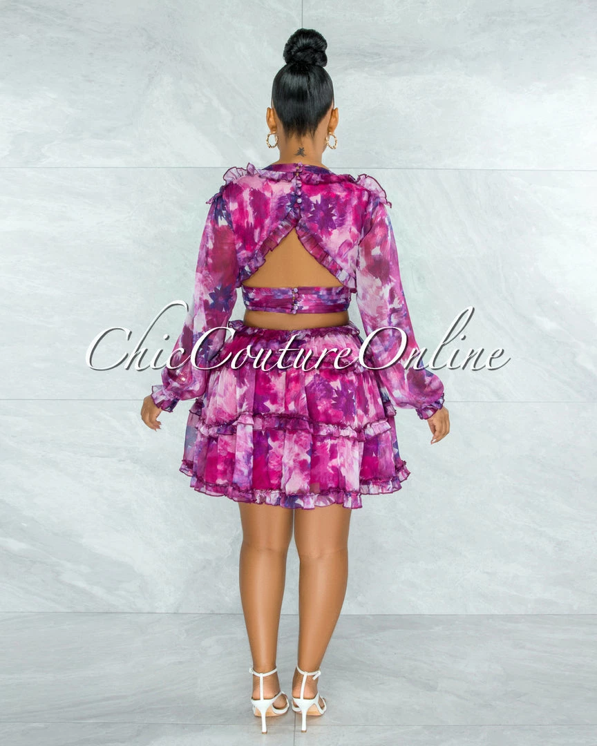 Chic Couture Online JUST IN Fanta Fuchsia Purple Print Waist Cut-Out Ruffle Dress