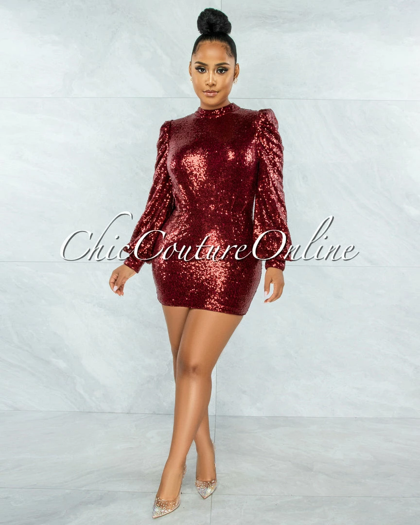 Vendor-unknown JUST IN Octavia Burgundy Sequins Bubble Sleeves Dress