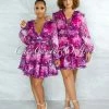 Chic Couture Online JUST IN Fanta Fuchsia Purple Print Waist Cut-Out Ruffle Dress