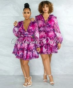 Chic Couture Online JUST IN Fanta Fuchsia Purple Print Waist Cut-Out Ruffle Dress