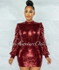 Vendor-unknown JUST IN Octavia Burgundy Sequins Bubble Sleeves Dress